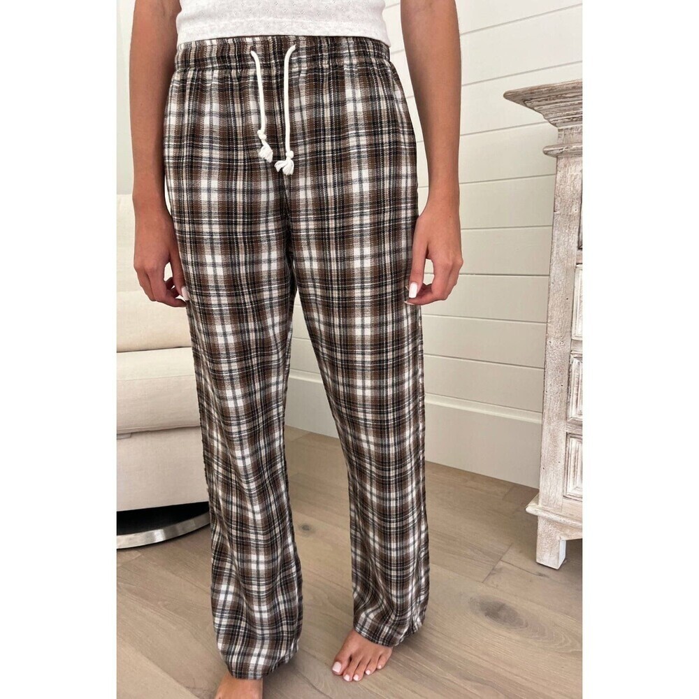 Women’s Brandy Melville Catherine Brown Plaid Pants Pockets One Size Relaxed